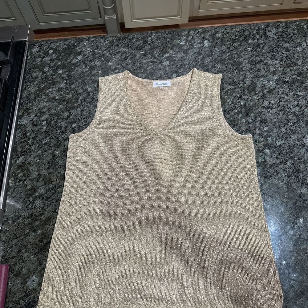 Calvin Klein Glittery Gold Sparkle Sleeveless Knit Top- Size Large